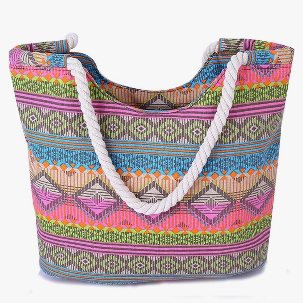 Women’s Large Colorful Striped Summer Beach Rope Handle Canvas Tote Bag NWOT